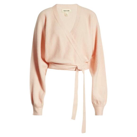 Nordstrom Open Edit Light Pink V Neck Wrap Front Waist Tie Long Sleeve Top SM - Picture 1 of 10